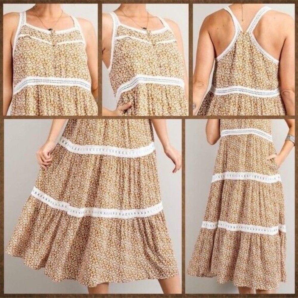 EASEL Racerback Floral Print Lace Trim Tiers Midi - Maxi Ruffled Hem - Picture 12 of 16